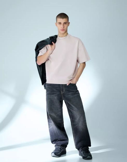 BERSHKA RELAXED FIT ESSENTIAL T-SHIRT - GREY
