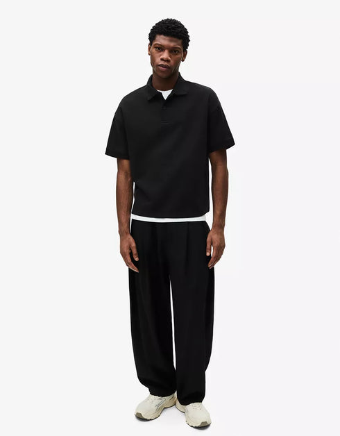 BERSHKA ESSENTIAL RELAXED POLO SHIRT - BLACK