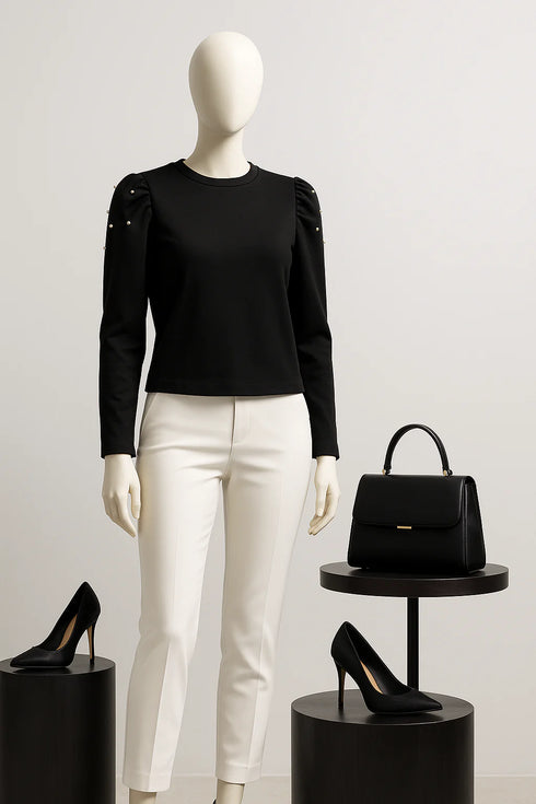 ANN TAYLOR - BLACK PEARL ACCENT SHOULDER BLOUSE