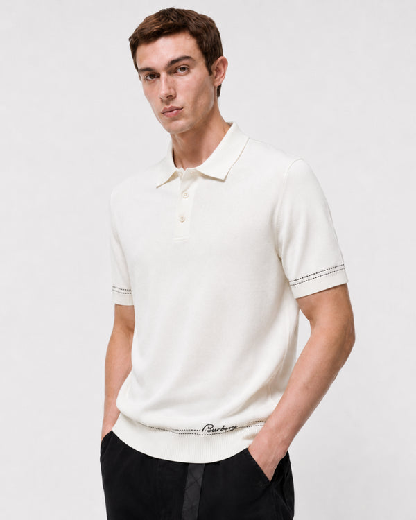 BURBERRY SIGNATURE EMBROIDERED KNIT POLO SHIRT – WHITE
