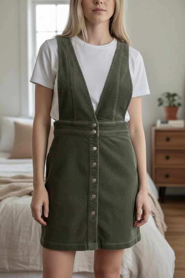 FOREVER 21 OLIVE CORDUROY BUTTON-FRONT MINI DRESS