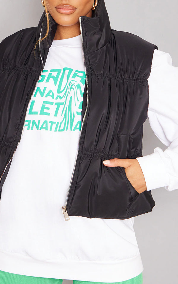 PLT BLACK ZIP FRONT CROPPED PUFFER GILET