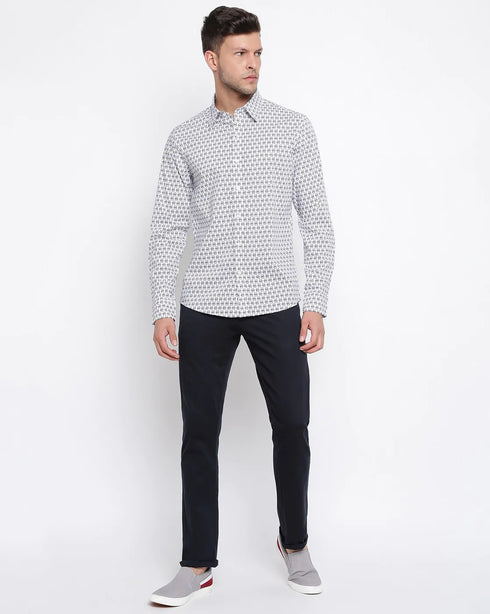 MICHAEL KORS MEN'S SLIM FIT STRETCH ALL OVER MK MONOGRAM LOGO PRINTED SHIRT - WHITE