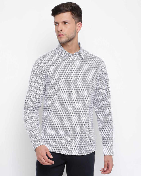 MICHAEL KORS MEN'S SLIM FIT STRETCH ALL OVER MK MONOGRAM LOGO PRINTED SHIRT - WHITE