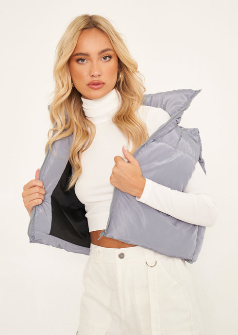 FOLD AWAY HODDED SLEEVELESS PADDED CROPPED PUFFER GILET - GREY